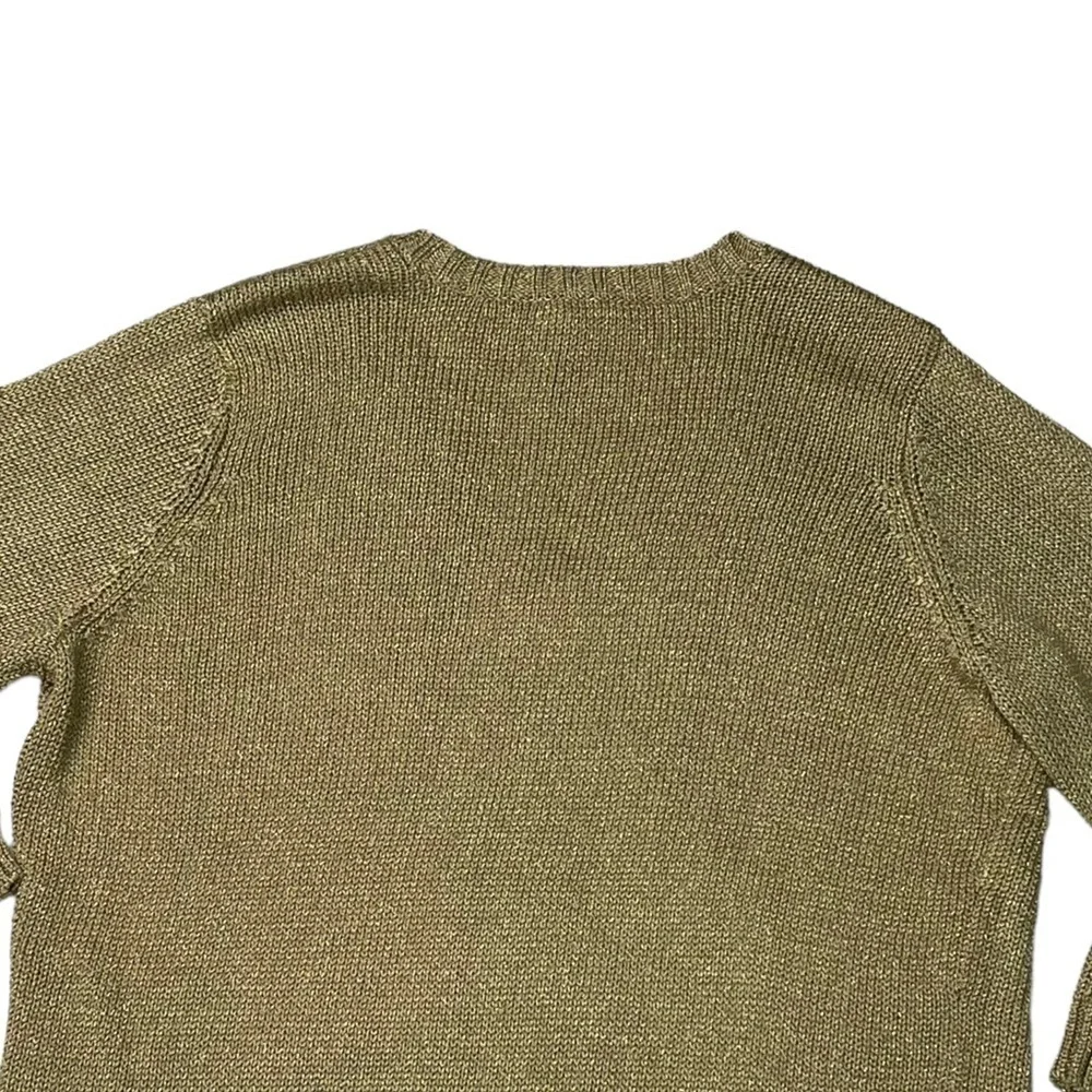 LAUREN RALPH LAUREN METALLIC GOLD V-NECK 3/4 SLEEVE RIBBED PULLOVER SWEATER